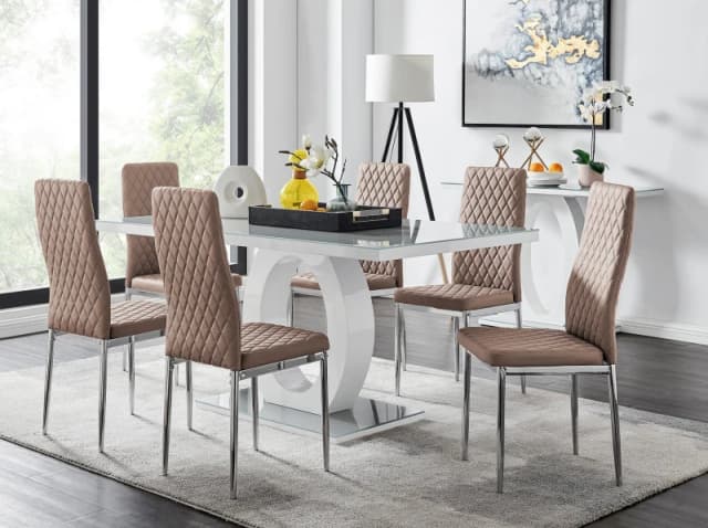 FurnitureboxUK FurnitureboxUK Giovani 6-Seater Grey Glass Dining Table and 6 Milan Faux Leather Dining Chairs in Beige Beige One Size Unisex 505654263