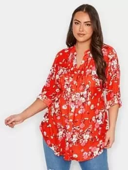 Yours Pintuck Shirt Red Floral, Red, Size 16, Women