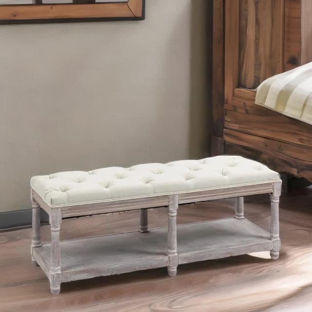 Rafaelo Mobilia Upholstered Wooden Bench Seat With Shelf Cream White in Light Brown Light Brown Unisex
