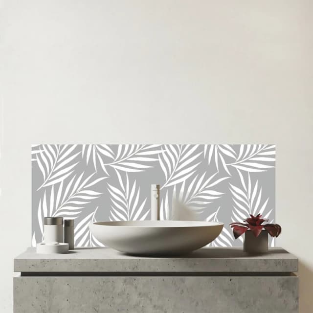 Warren Reed - Designer Palm Tree Leaves Glass Bathroom Splashback in Grey Grey Unisex