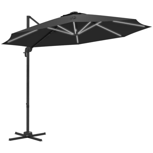 Outsunny 3(m) Solar LED Cantilever Parasol Adjustable Garden Umbrella Dark Grey - Dark Grey - Outsunny 84D-110V03CG
