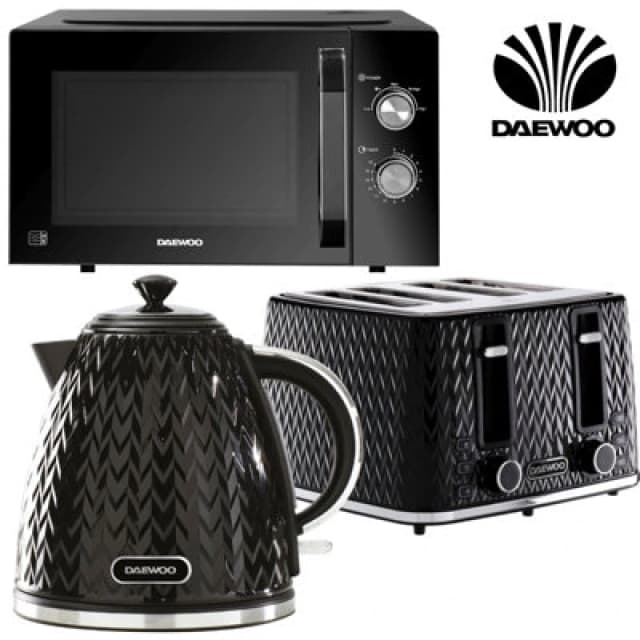 Daewoo Daewoo Black 'ARGYLE' 3kW 4 Slice 23L Matching Kettle Toaster & Microwave Set Size: 3 Pack Black 3 Pack Unisex 5024996990997