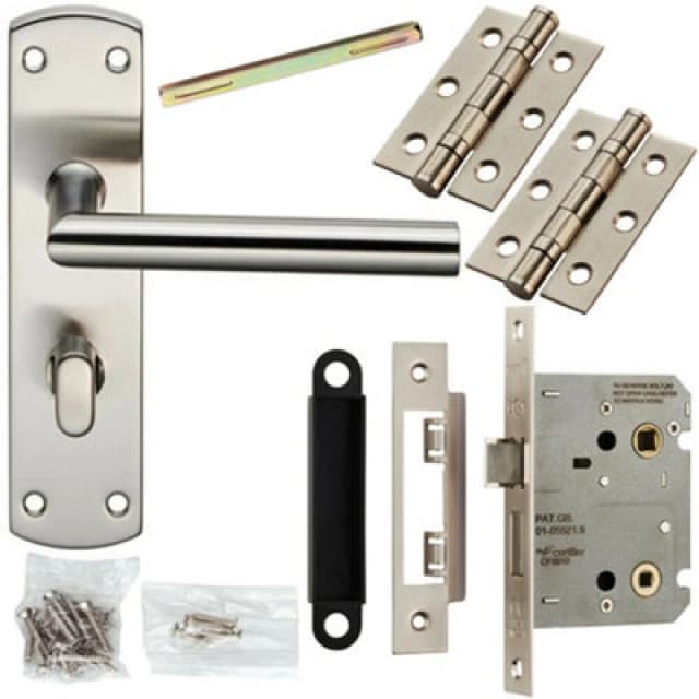 Loops Door Handle & Bathroom Lock Pack Satin Nickel Modern Mitred Round Bar Backplate Metallics
