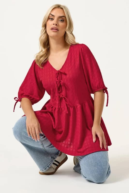 Yours Womens Textured Bow Tie Front Top in Red Size: 18 Red Female 18