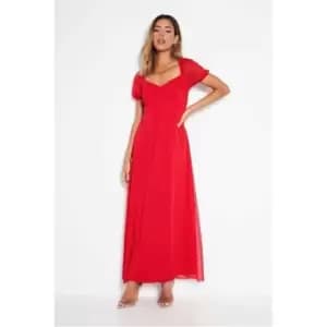 I Saw It First Red Woven Dobby Mesh Puff Sleeve Sweetheart Midi Dress - Red