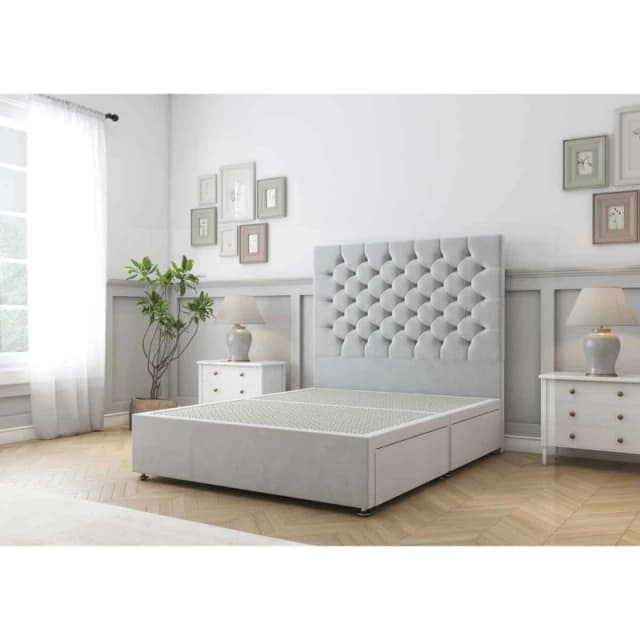 Sloomy Mayfair Silver Plush Divan Bed Base 2 Drawers Same Side With 26" Strutted Headboard 2'6 Small Single