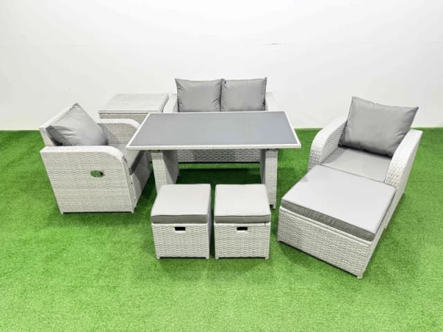 Fimous Outdoor Rattan Garden Furniture Dining Set 7-seater with Side Table in Light Grey Light Grey Unisex