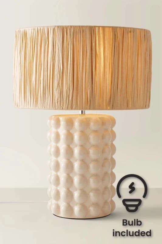 ValueLights Kiran Ceramic Stone Bubble Table Lamp with Raffia Lamp Shade and LED Bulb Cream