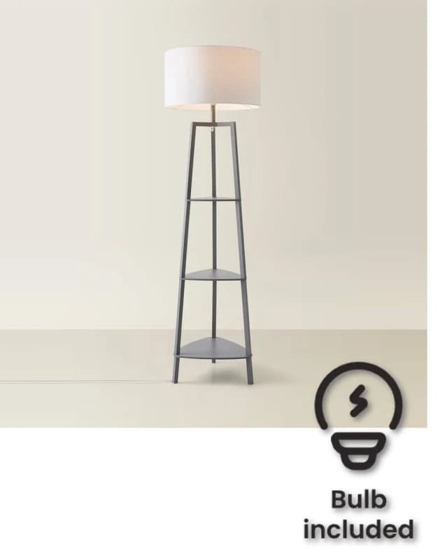 ValueLights ValueLights Hiru Grey 3 Tier Shelf Floor Lamp with Large Drum Shade and Bulb in White White One Size Unisex 5059406034503