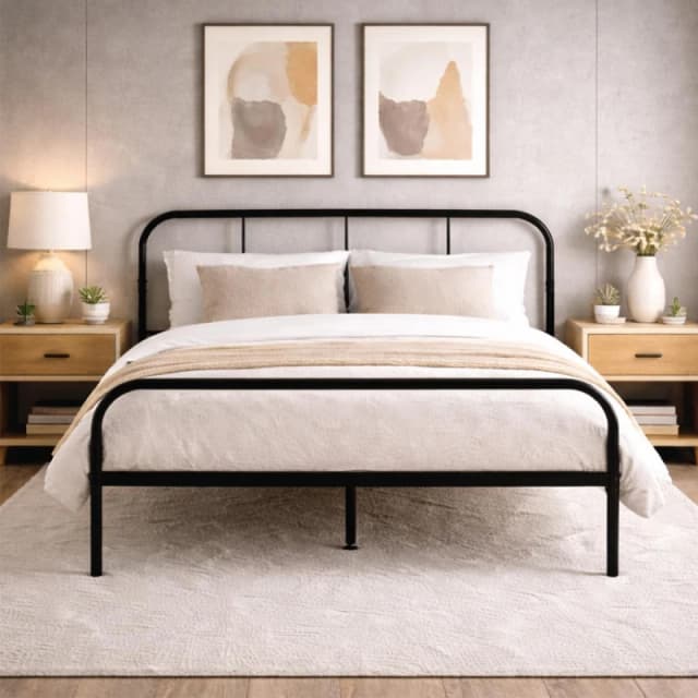 House of Home Double Size Bed Frame Metal Rounded Headboard Easy Assembly Bed Base Storage Black