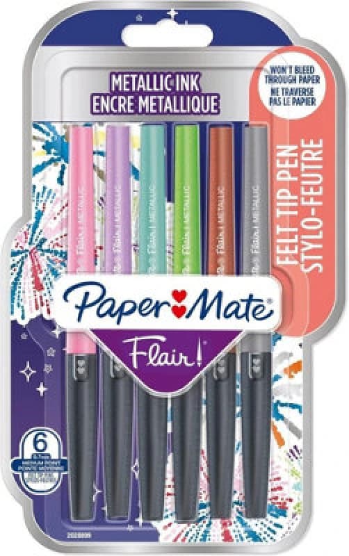 Paper Mate Metallic Felt Tip Pen Medium 0.7mm Tip Assorted Colours (Pack 6) 2137361