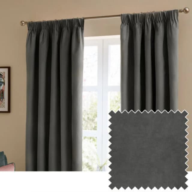 Furn. The Ultimate Velvet Room Darkening Pencil Pleat Curtain Pair, Charcoal, (W)117X (D)137Cm