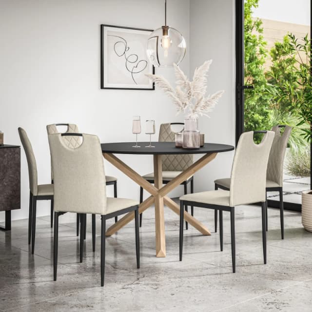 More4Homes Malvern Round Dining Table And Chairs - Black Table Top W Solid Oak Legs + Monza Fabric Dining Chair Set Of 6 (Beige)