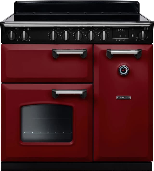 Rangemaster Classic CL90EIPBOR/CM1 90cm wide Electric Range Cooker with Induction Hob - Bordeaux / Chrome - A Rated