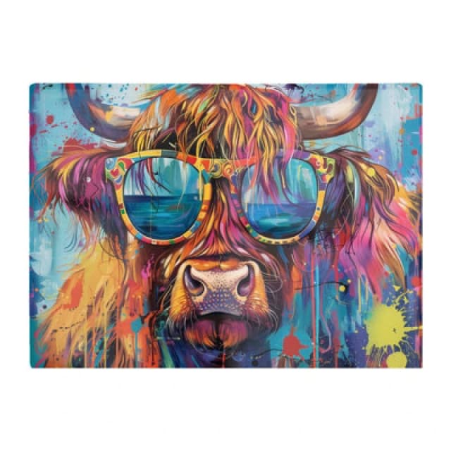 Warren Reed Designer Splashart Highland Cow With Glasses Chopping Board