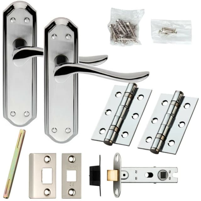 Loops Door Handle & Latch Pack Chrome & Satin Nickel Curved Lever Ornate Backplate Metallics