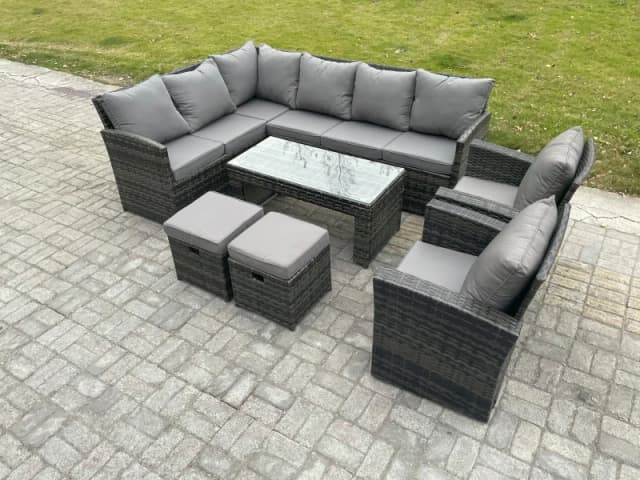 Fimous Rattan Garden Furniture Sets High Back Corner Sofa Oblong Coffee Table Set with 2 Small Footstool 2 Armchairs Dark Grey Mixed Dark Grey Unisex