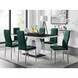 Furniturebox UK - Furniturebox Giovani 6 Black Dining Table & 6 Green Milan Velvet Dining Chairs Diamond Stitch Modern Contemporary Chrome Metal