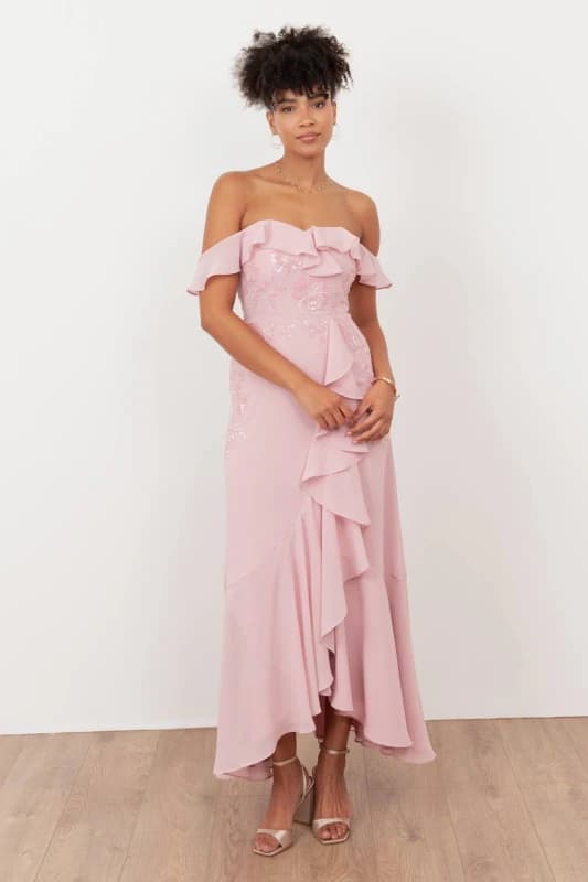 Maya Deluxe Womens Embellished Faux Wrap Bardot Midaxi Dress in Light Pink Size: 8 Light Pink Female 8