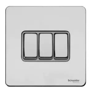 Schneider Electric Ultimate Screwless Flat Plate - 3 Gang Toggle 2 Way Light Switch, Single Pole, 16AX, GU1432WPC, Polished Chrome with White Insert