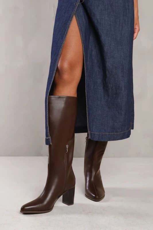 Wheres That From Elder Block Heel Knee High Boots With Side Zip In - Dark Brown PU Dark Brown PU 8