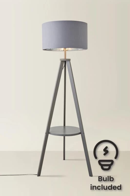 ValueLights Morrigan Grey Wood Tripod Floor Lamp With Fabric Drum Lamp Shade and LED Bulb Metallics