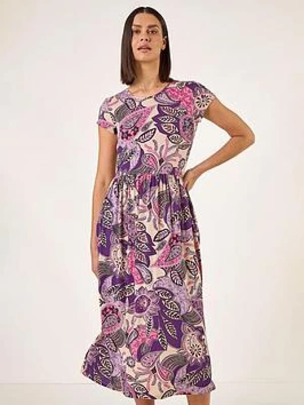Roman Womens Paisley Print Short Sleeve Midi Dress in Purple Size: 14 Purple Female 14