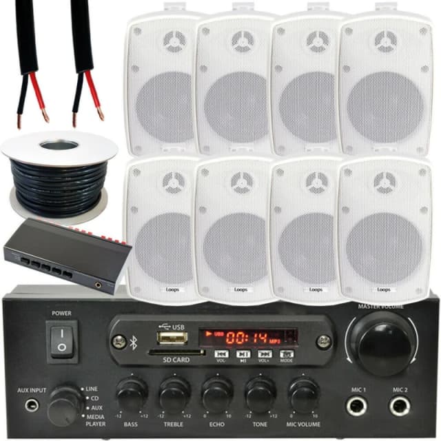 Loops 4 Zone Bluetooth Kit 8x 60W Outdoor White Speakers Stereo Amplifier Garden BBQ White unisex