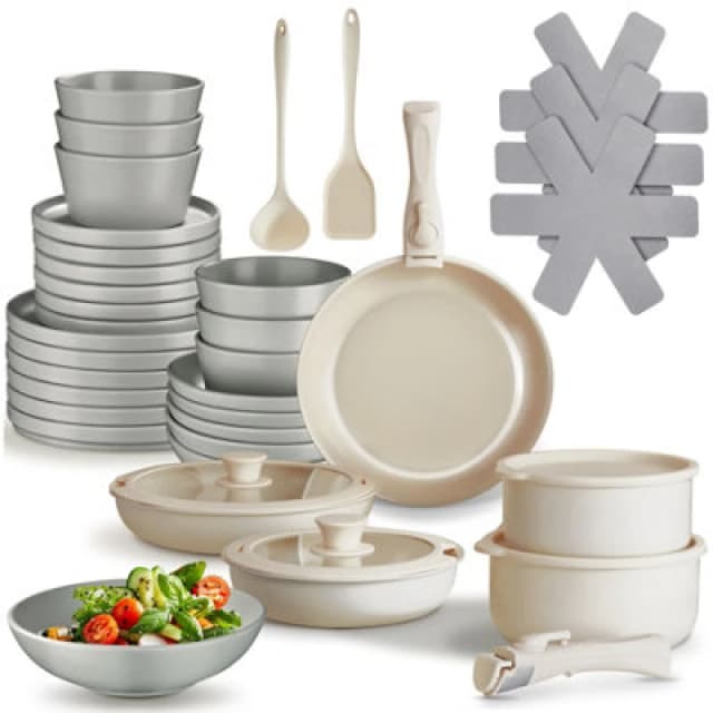 Tectake Kitchen Starter Set For 6 People With Crockery, Pots And More - Grey/white