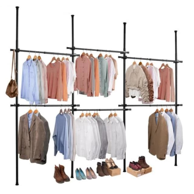 Direct Online Houseware Triple Telescopic Black Wardrobe Organiser Hanging Rail Clothes Rack Adjustable Storage Shelving