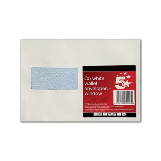 5 Star Office Peel and Seal C5 Windowed Pocket Envelope 80gsm - White (25 Pack) FS600407