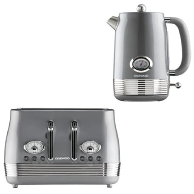Daewoo Daewoo 'Denver' Retro Matching Kettle and Toaster Set 1.5L Rapid Boil 4 Slice in Grey Grey One Size Unisex 5024996990447