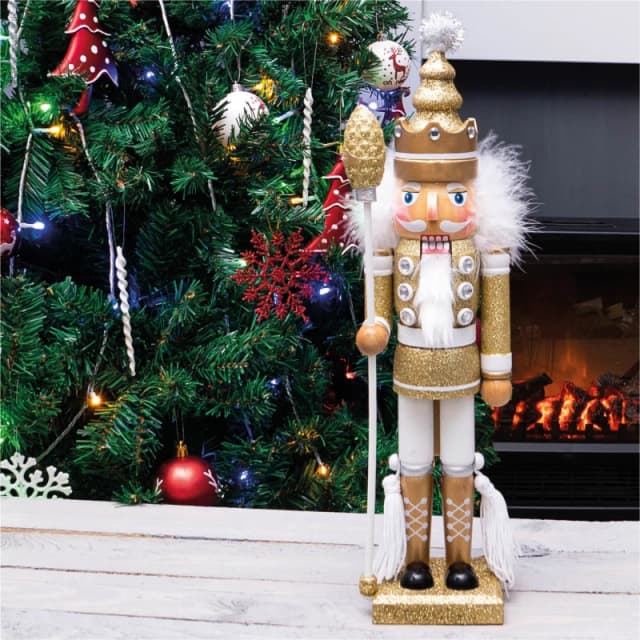 St Helens 40cm Traditional Christmas Nutcracker Wooden Soldier Decoration Gold and White ELV-393454