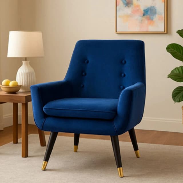 Orsina Stylish Midnight Velvet Armchair, Accent Chair With Slanted Wooden Legs, Modern Midnight Velvet Chair