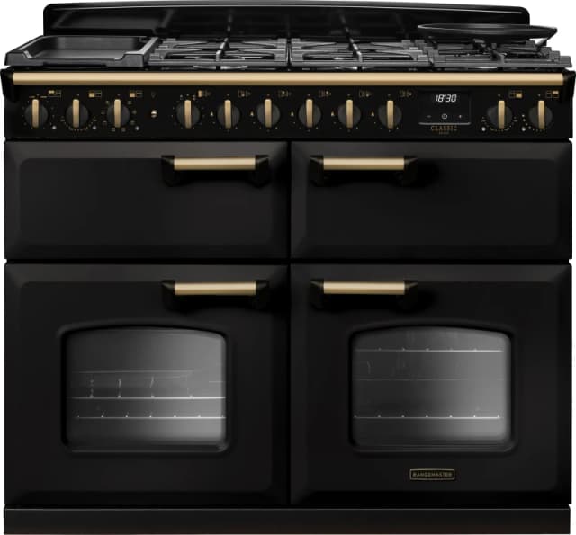 Rangemaster Classic Deluxe 110 CLDLB110DFPCBL/AB1 110cm wide Dual Fuel Range Cooker with Gas Hob - Charcoal Black / Antique Brass - A/A/A Rated