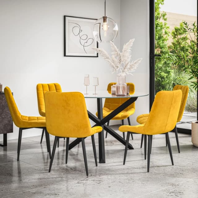 More4Homes Malvern Round Dining Table And Chairs - Clear Glass Table Top W Solid Black Oak Legs + 6 Nova Velvet Dining Chairs (Mustard)