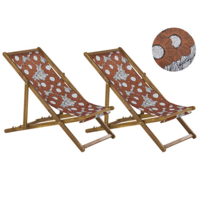 Beliani Set Of 2 Folding Deck Chairs Anzio With Replacement Fabrics Floral Motif Acacia Wood Light Brown
