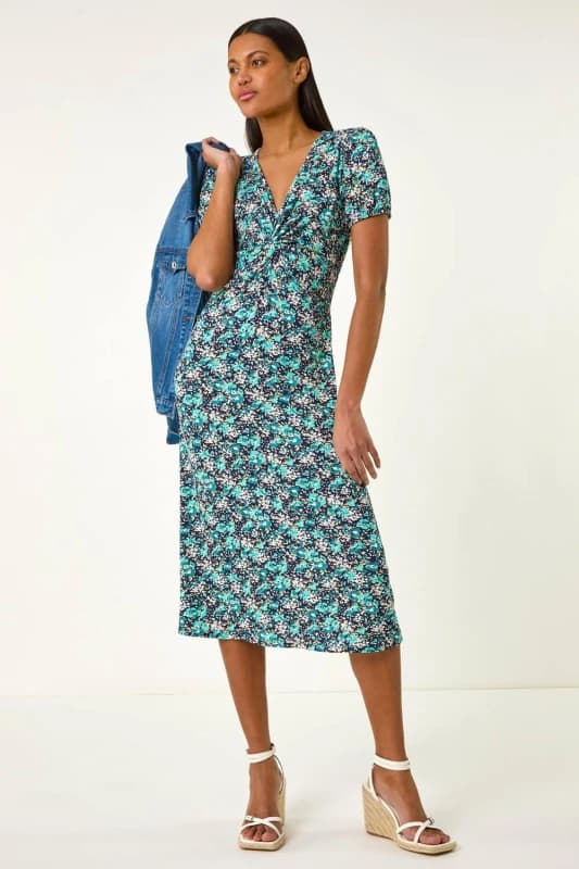 Roman Womens Floral Front Twist Stretch Midi Dress in Navy Size: 10 Navy Female 10