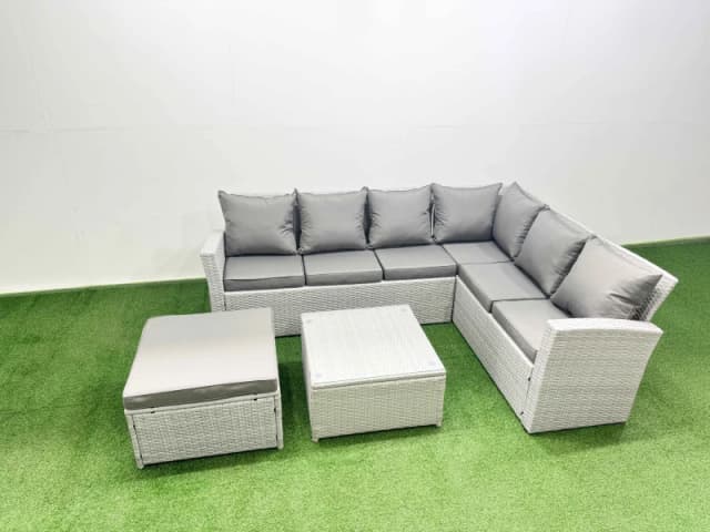 Fimous Garden Outdoor PE Rattan Furniture Set 7 Seater Rattan Garden Sofa Set in Light Grey Light Grey Unisex
