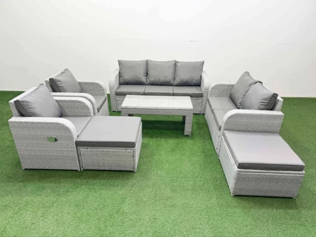 Fimous PE Rattan Garden Furniture Set Adjustable Chair Sofa Double Love Seat 2 Seater Sofa Lounge Set Rectangular Coffee Table 2 Big Footstool Light G