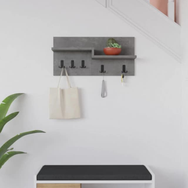 Decortie Harmon Modern Wall Mounted Coat Hanger With Open Shelf Retro Grey 5 Black Metal Hooks