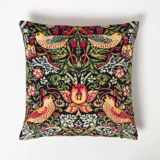 Homescapes William Morris Strawberry Thief Velvet Cushion Navy