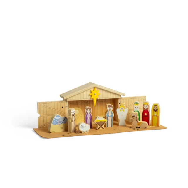 Bigjigs Toys Nativity Set - 13pcs Traditional Wooden Nativity Scene, Brown 37059