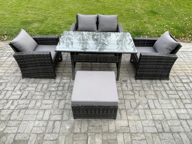 Fimous Wicker Outdoor Garden Furniture Set Patio Furniture Rattan Rectangular Dining Table Lounge Sofa Set in Dark Grey Dark Grey Unisex