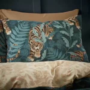 Catherine Lansfield Tropic Tiger Leaf Reversible Duvet Cover Set Jungle Animal Themed Bedding Green King - Green