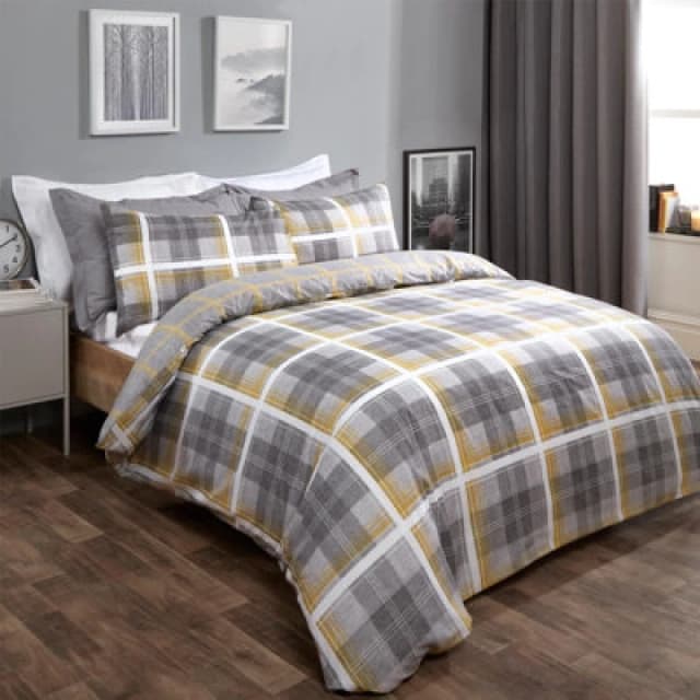 OHS OHS Denim Check Duvet Cover with Pillowcase in Yellow Size: Single Yellow Single Unisex 5027434005901