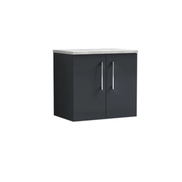 Nuie Arno Wall Hung 2-Door Vanity Unit & Laminate Worktop In Bellato Grey, Modern Counter Top Vanity Unit In Soft Black