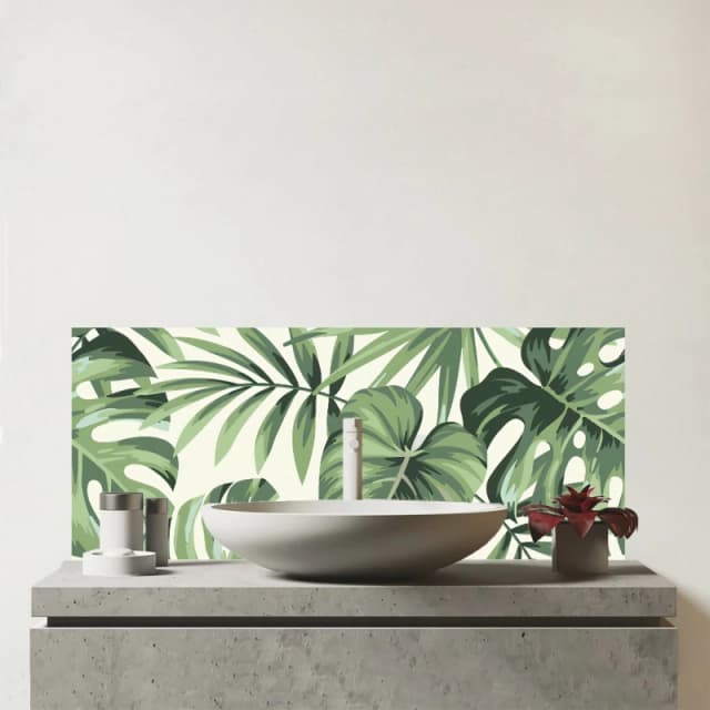 Warren Reed - Designer Exotic Palm Leaves Glass Bathroom Splashback in Green Green Unisex