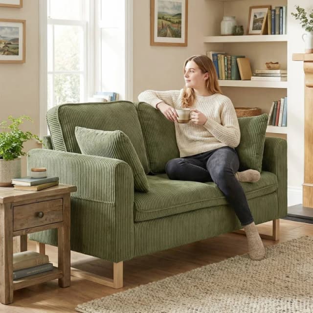 HOMCOM 2 Seater Sofa, Corduroy Sofa w/ Spring Cushions 2 Pillows, Dark Green Dark Green Unisex 2 Seater