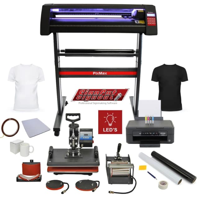 PixMax 5 In 1 Heat Press With LED Lit Vinyl Cutter, Printer And Accessories Sublimation Bundle Kit